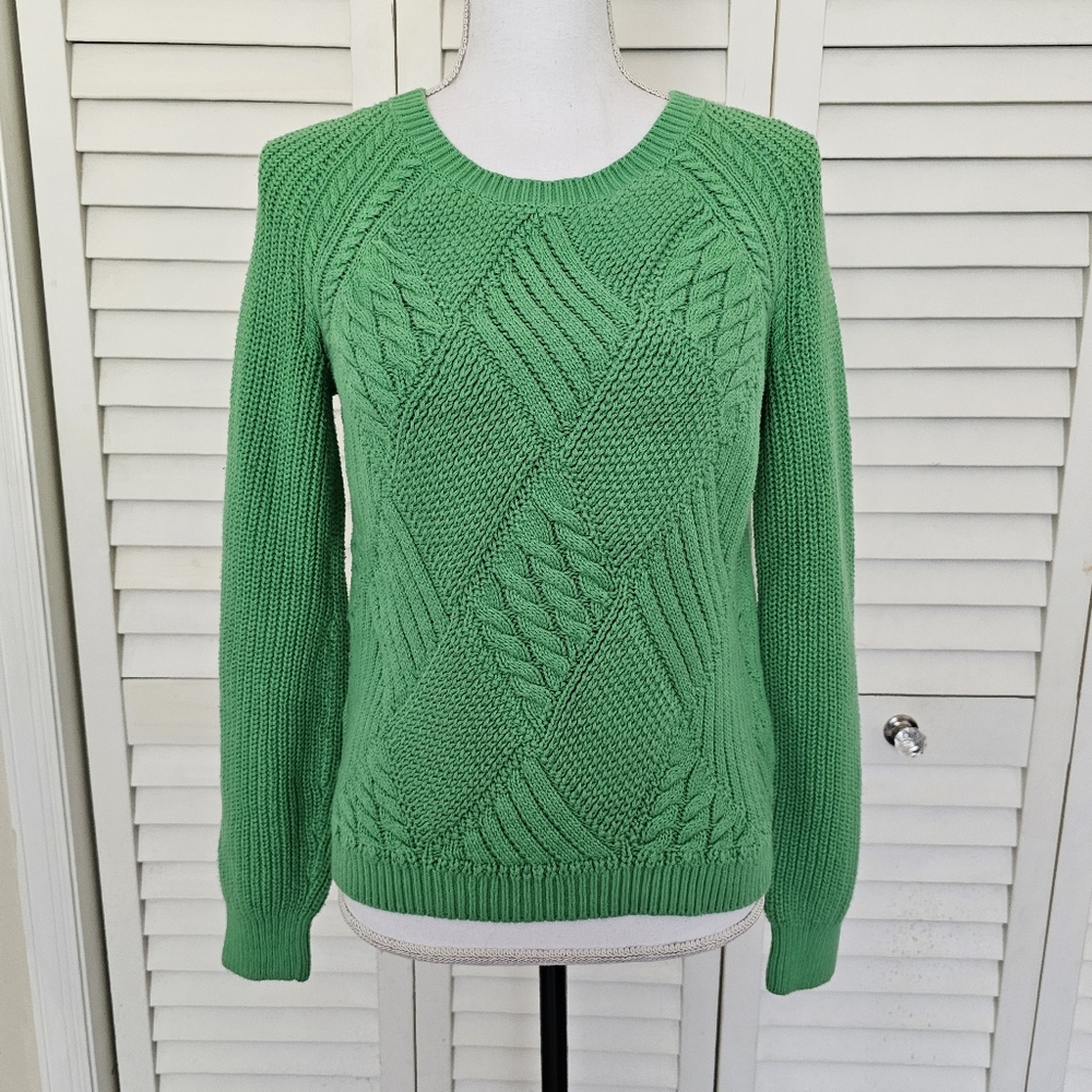 Talbots Green Sweater Size XS Pullover Cable Knit Crew Neck Fall Womens